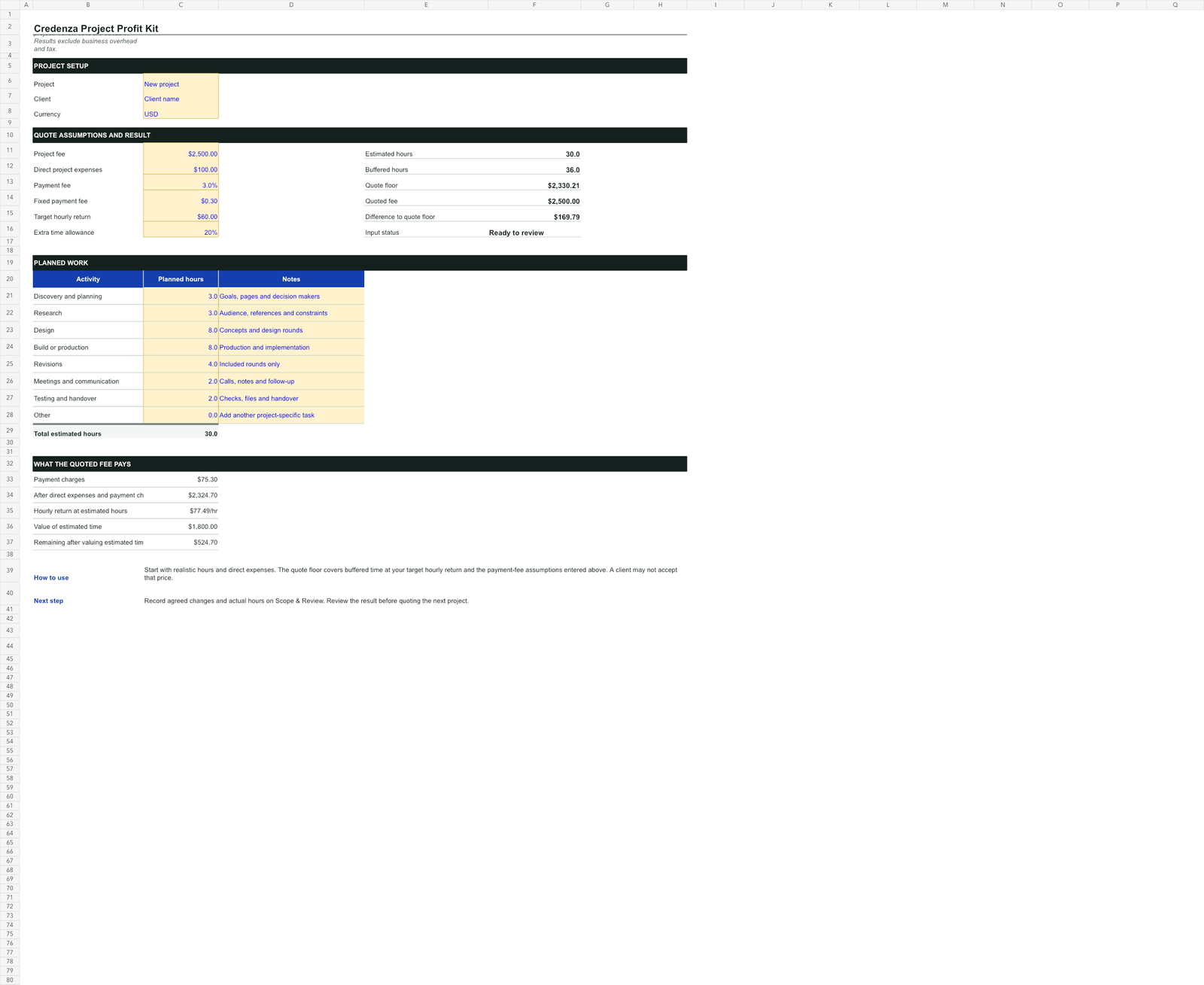 Project Planner worksheet showing project inputs, planned activities, quote floor and hourly return calculations